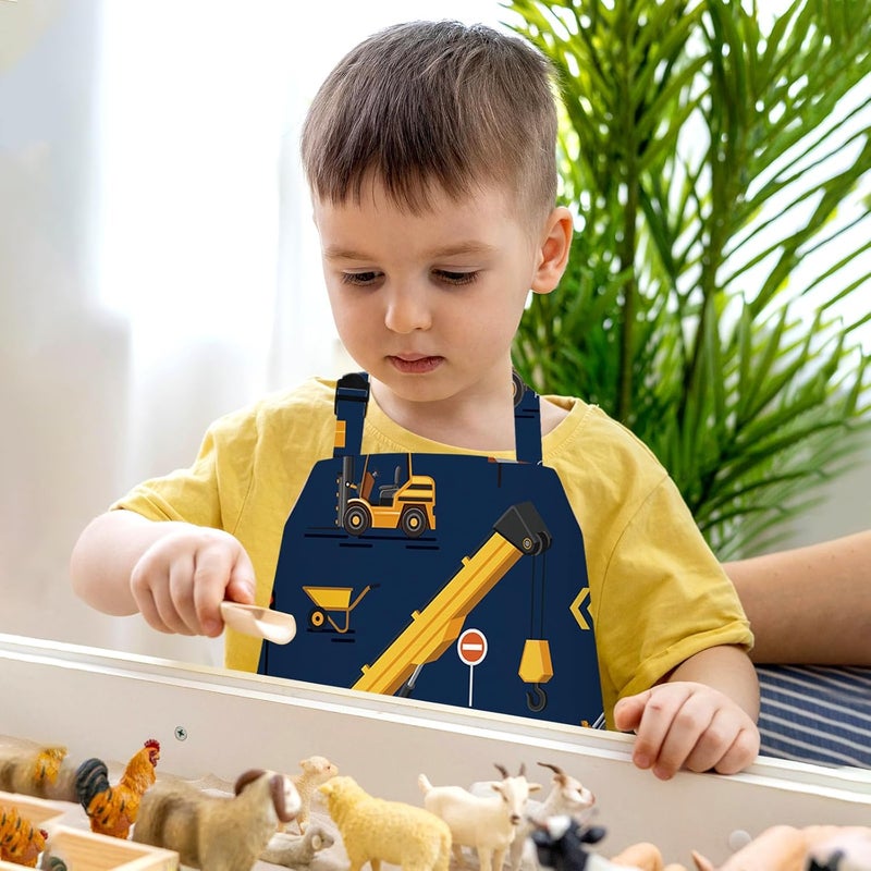 PLULON 4 Pcs Aprons with Pockets Painting Apron for Kids, Kids Apron Adjustable Strap Engineering Vehicles Bulldozer Excavator Truck Apron for Painting Cooking Baking Girls Boys, 3-8 Years - Image 5